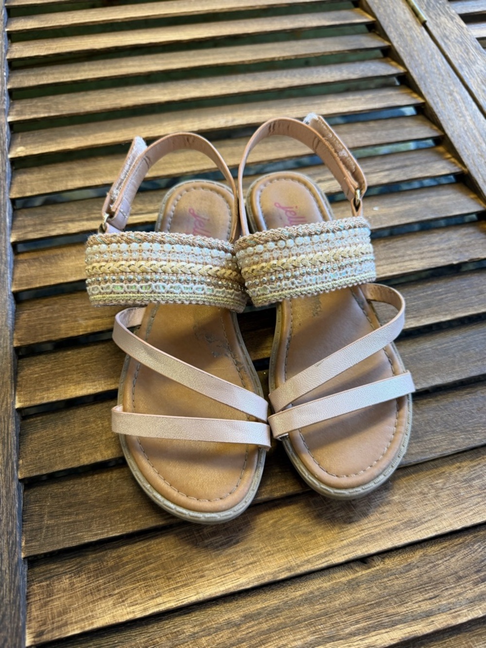 Jellypop Girls Neutral Braided Velcro Strappy Sandals Cute Bead Detail Blush 13